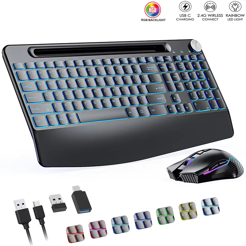 Gaming Keyboard Ergonomic - 2.4G&Type-C draadloze toetsenbord-muiscombinatie met polssteun, RGB-achtergrondverlichting,